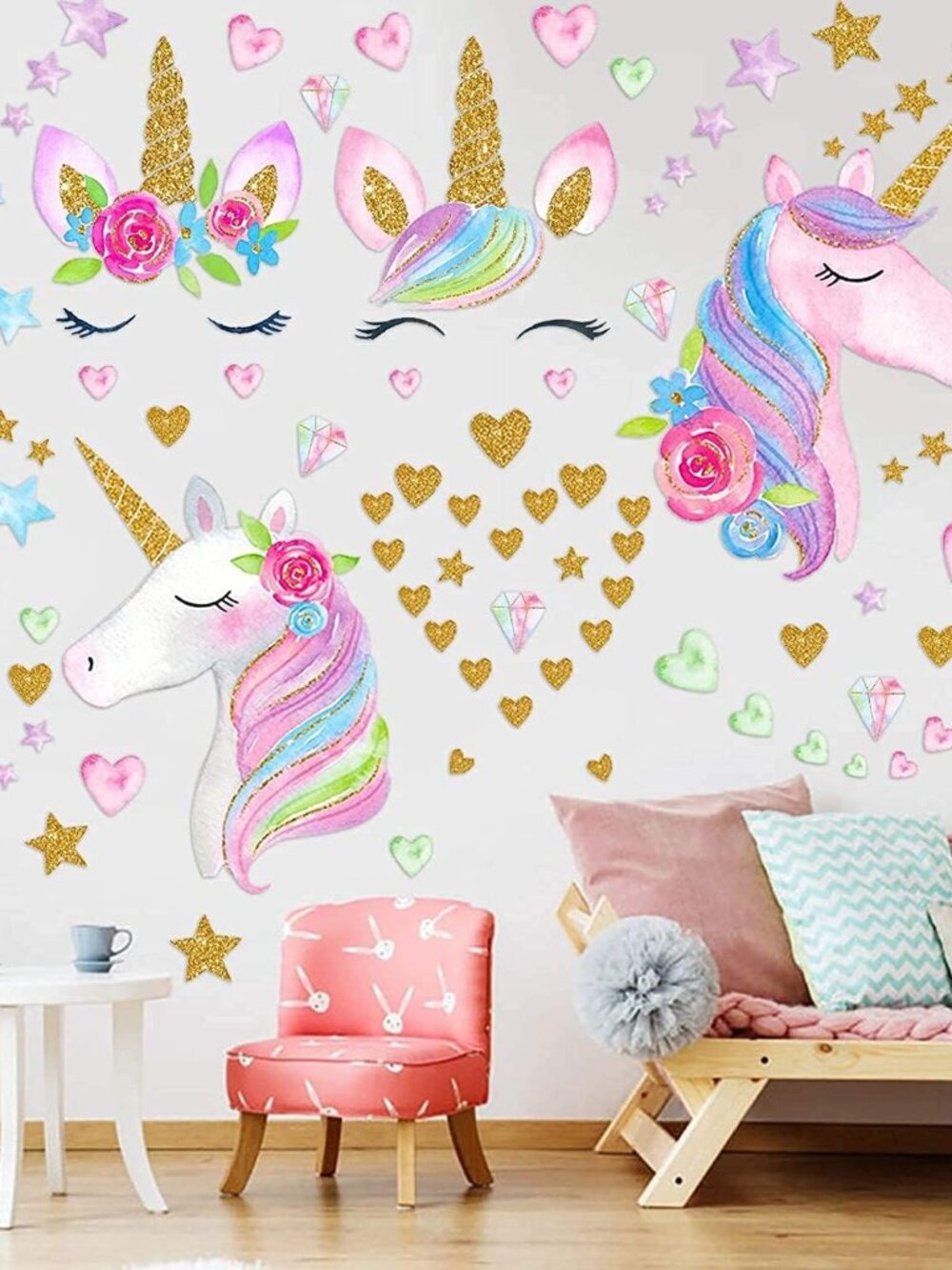 4 Sheets Unicorn Wall Decals Stickers for Girls Room,Large Size Unicorn Wall Sti